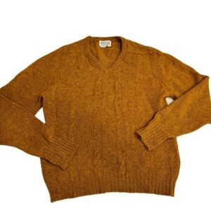 Puritan Sweater Mens Medium Orange Virgin Shetland Wool Cable Vintage Aquaknit